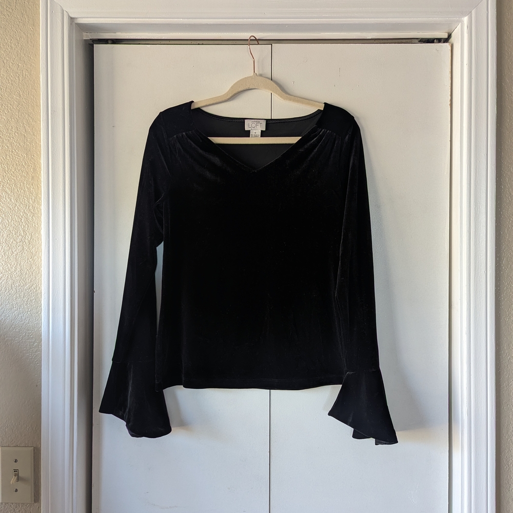 LOFT Black Velvet Blouse with Bell Sleeves